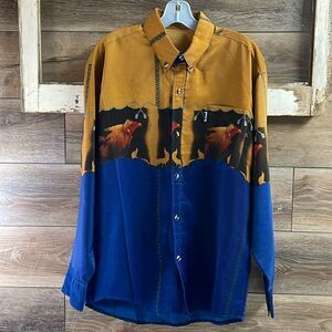 MICHELIN Mens Western Roper Country Rooster Graphic Dress Shirt Blue Gold Red